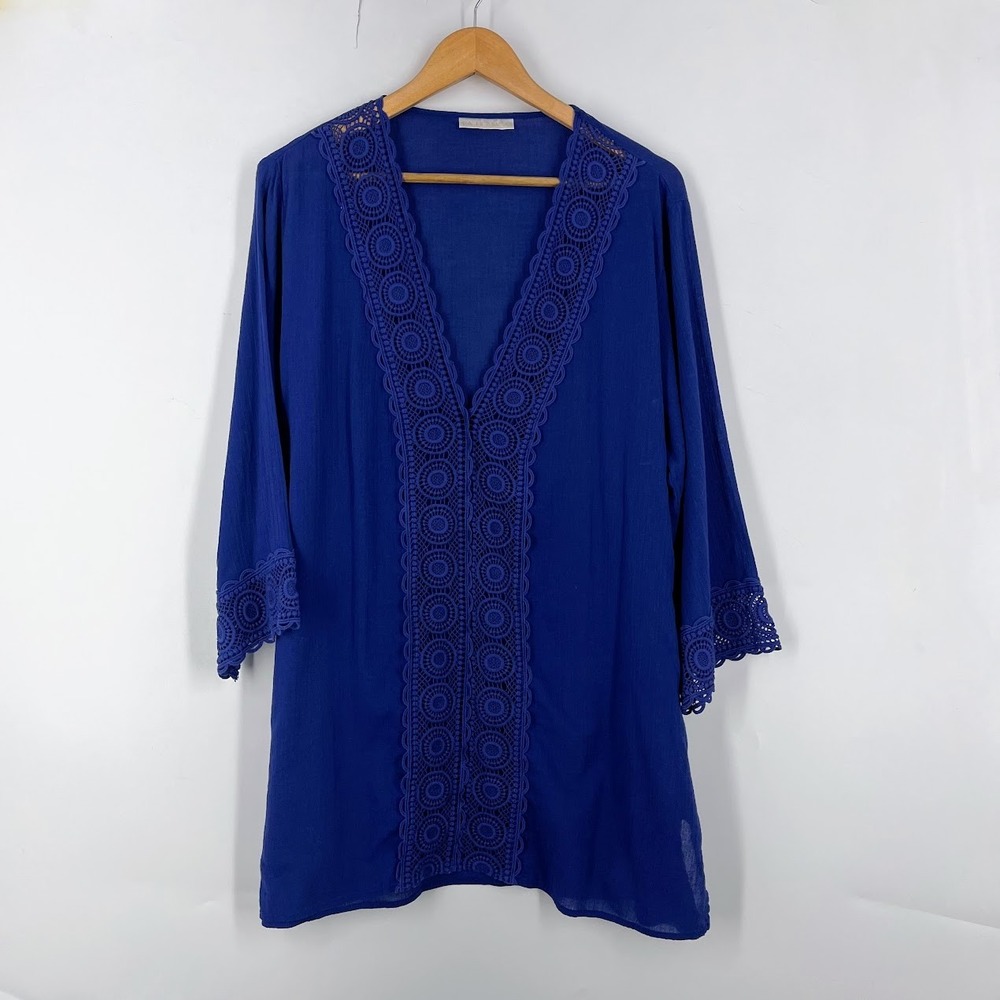 La Blanca Royal Blue Crochet Lace Trim V-Neck Gauze Swim Cover Up Tunic Medium